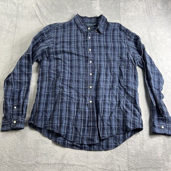 Ralph Lauren Shirt Mens XXL Blue Plaid Silk Linen Blend Custom Fit‎ Button Down - Picture 1 of 8